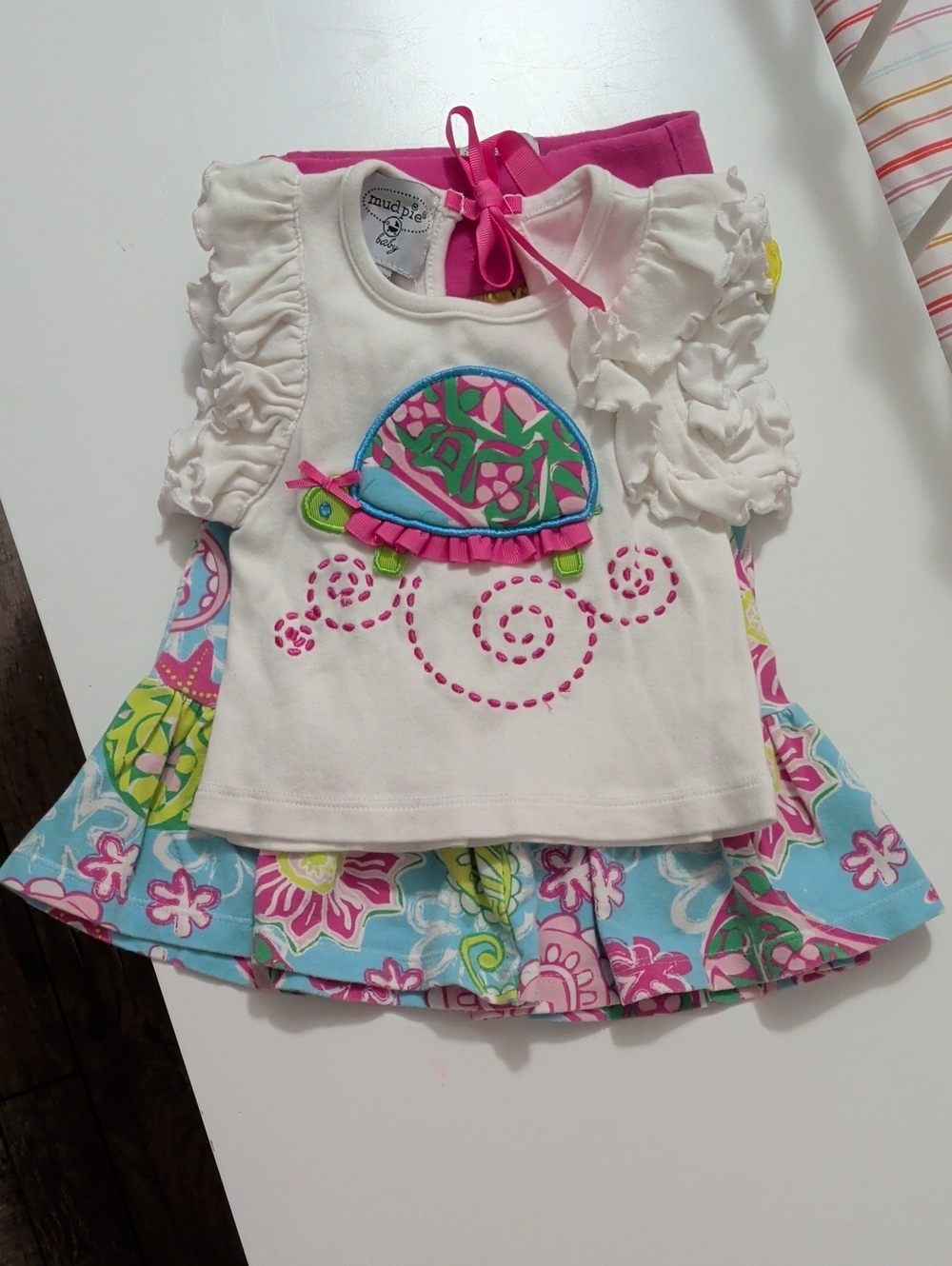 Mud Pie Turtle Top & Pink-Blue Floral Pants Two-Piece Set
